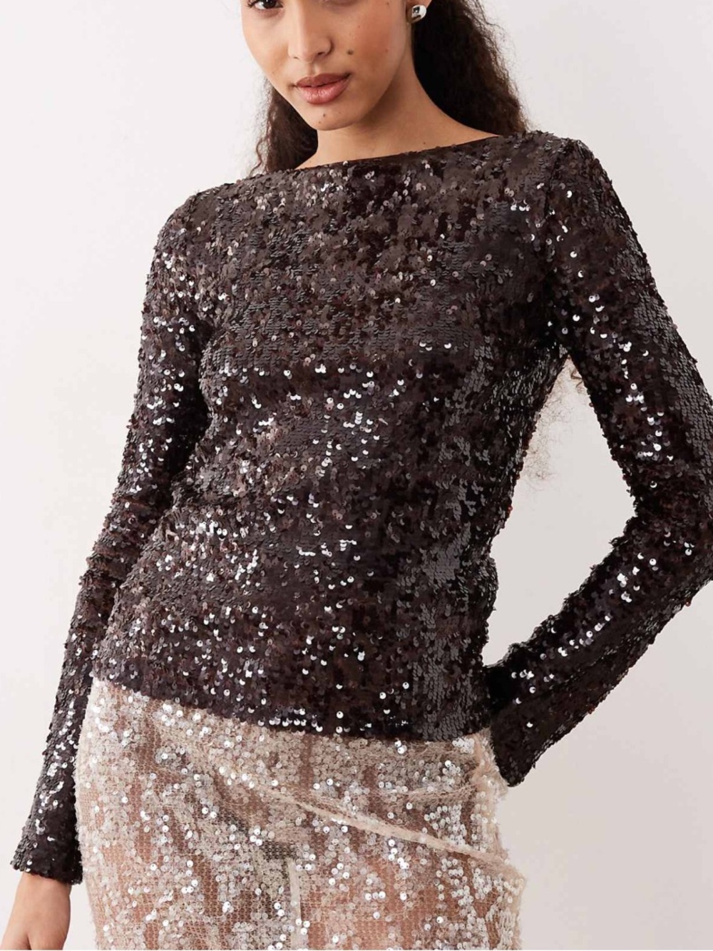 NWT MANGO BROWN SEQUIN LONGSLEEVE SMALL GLAM RETAIL $70